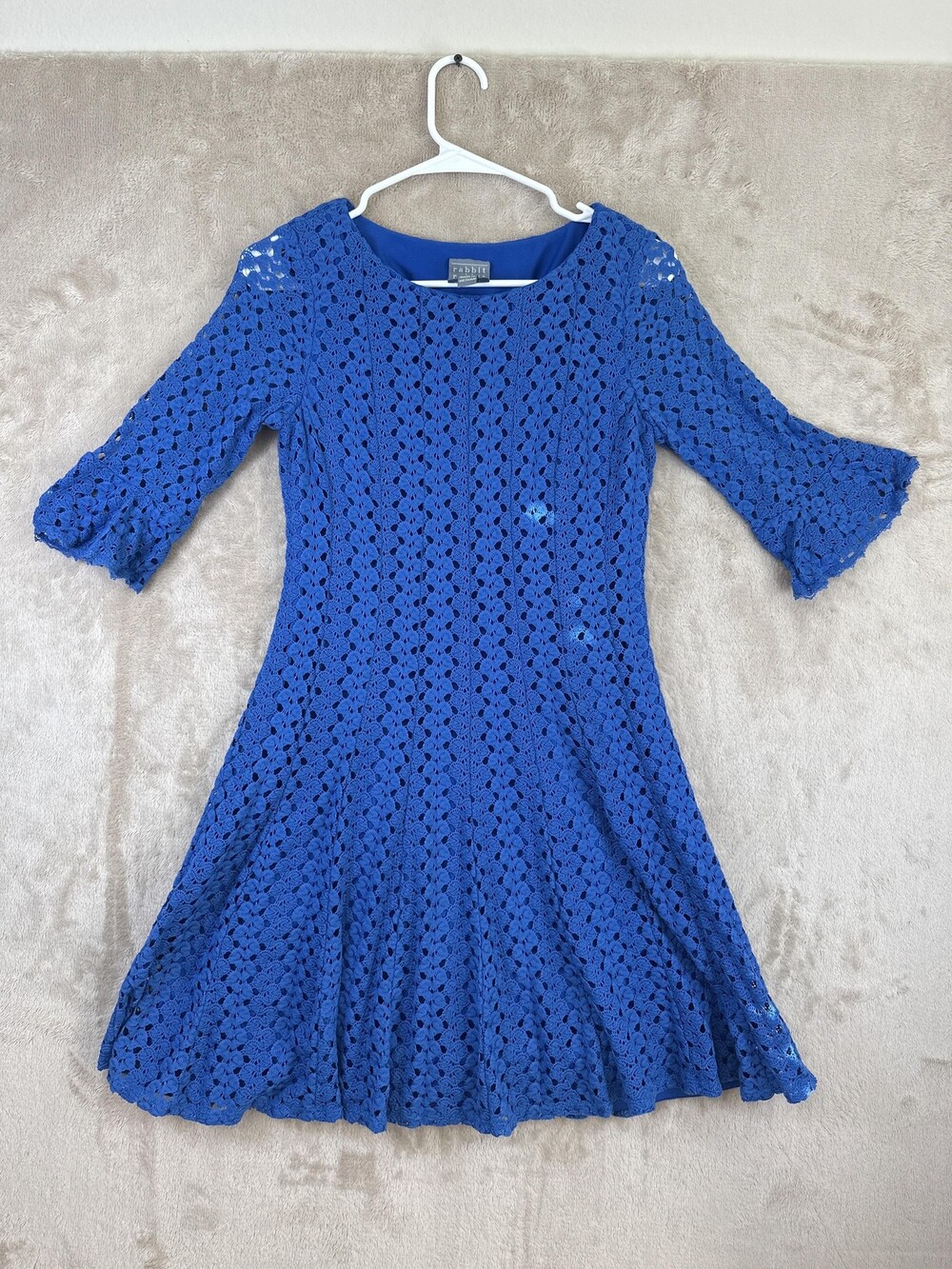 Rabbit Rabbit Rabbit Dress Womens Petite 6 Blue Crochet Fit & Flare Bell Sleeve